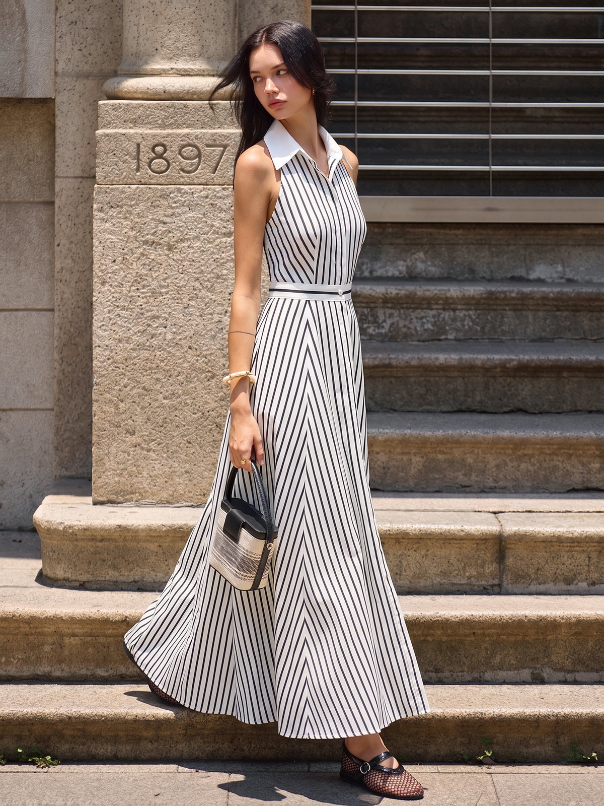 Striped Sleeveless Shirt Midi Dress