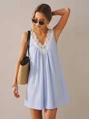 Blue Striped Lace Trim Mini Dress