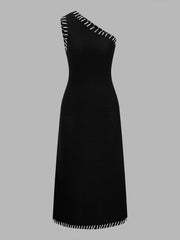 Black One-Shoulder Knit Midi Dress
