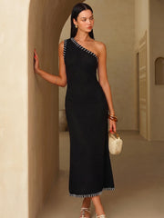 Black One-Shoulder Knit Midi Dress