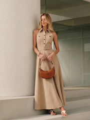 Khaki Belted Shirt Midi Dress
