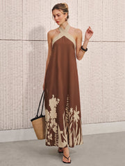 Black White Floral Halter Midi Dress