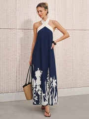 Black White Floral Halter Midi Dress