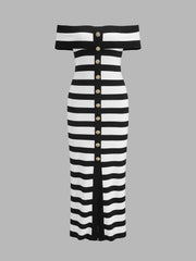 Contrast Striped Knit Off Shoulder Midi Dress