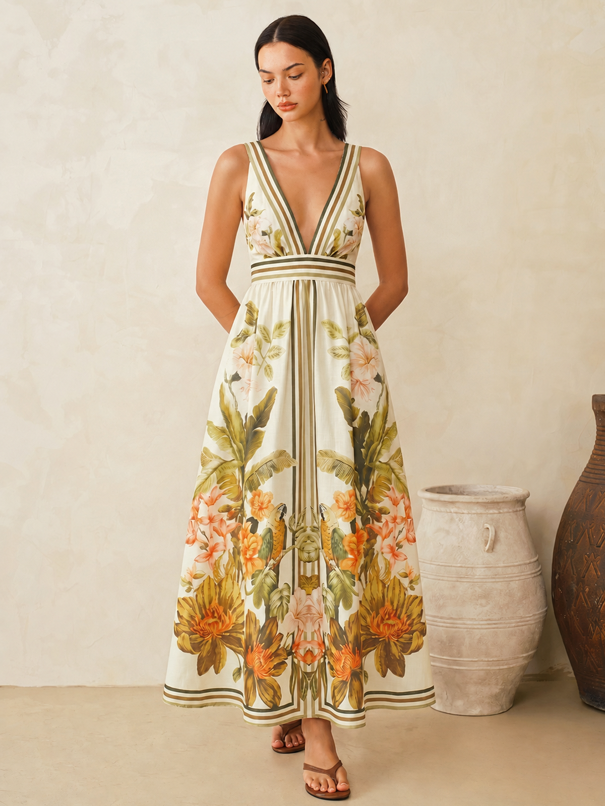 Demure Floral V-Neck Midi Dress