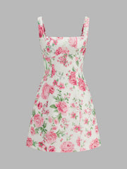 Pink Rose Print Sleeveless Mini Dress