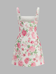 Pink Rose Print Sleeveless Mini Dress