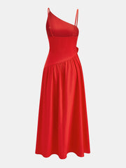 Red Rosette One-Shoulder Midi Dress