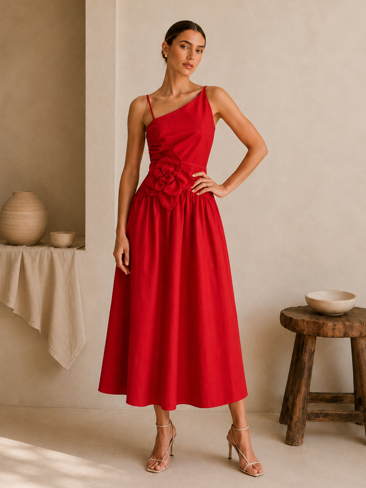 Red Rosette One-Shoulder Midi Dress