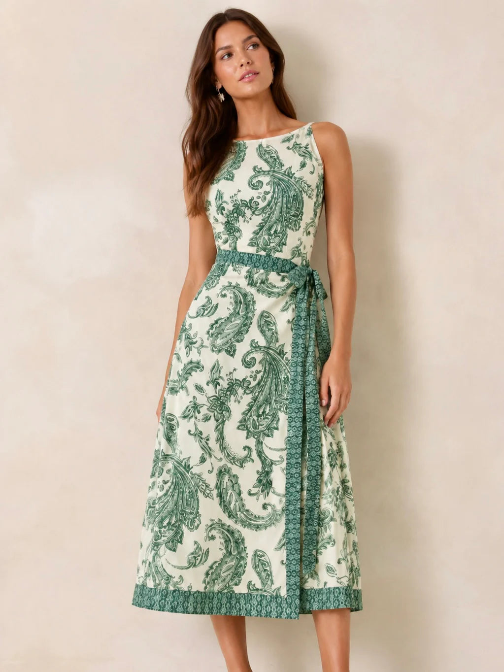 Green Paisley Print Midi Dress