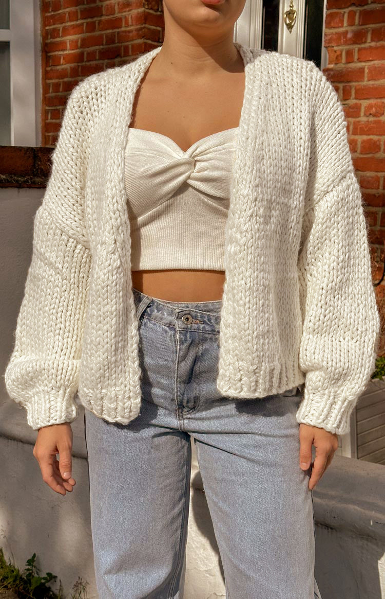 Cream Ribbed Knit Cardigan