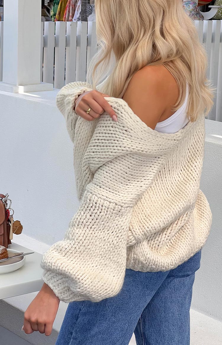 Cream Ribbed Knit Cardigan