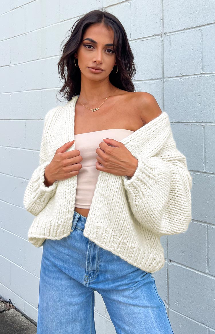 Cream Ribbed Knit Cardigan