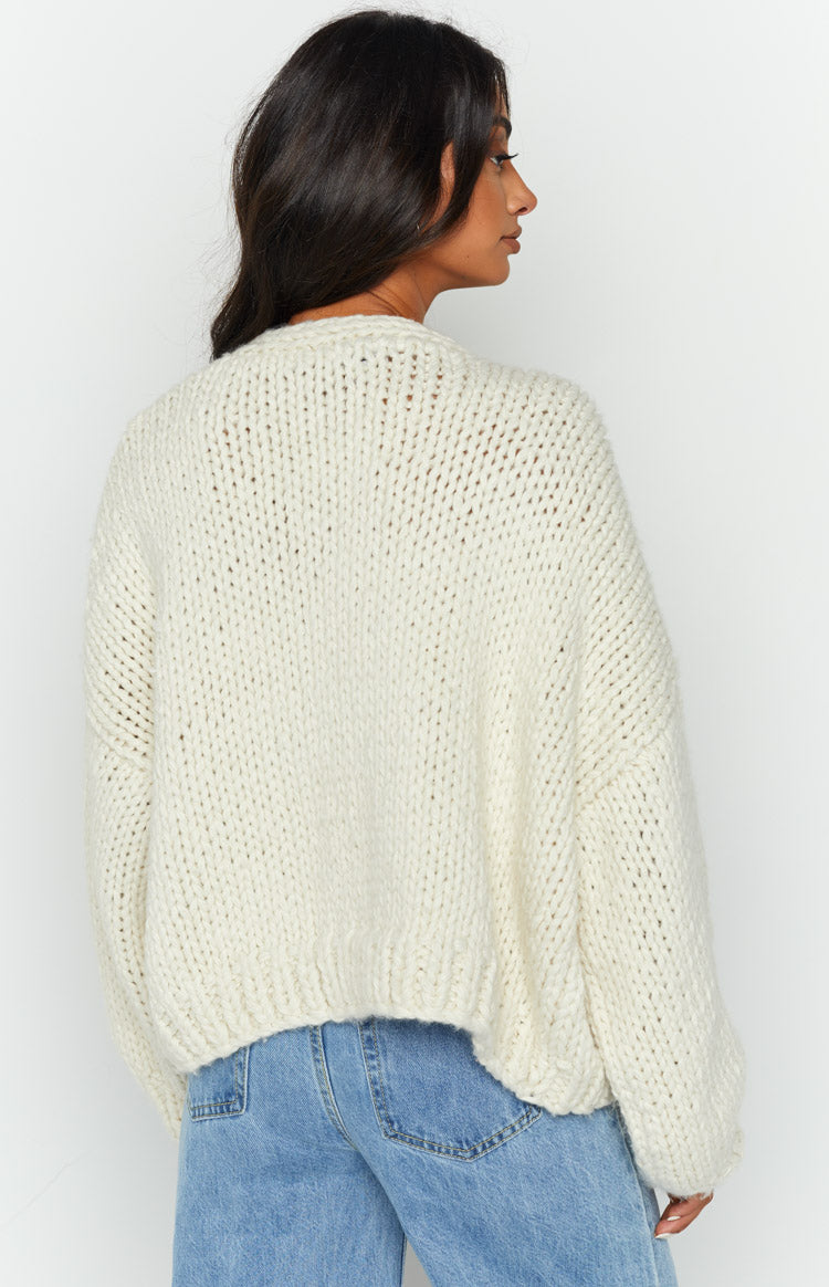 Cream Ribbed Knit Cardigan