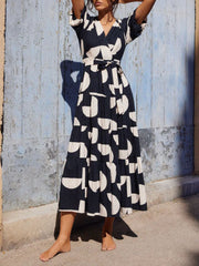 Black White Geo Print Midi Dress