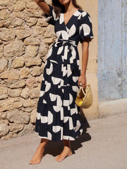 Black White Geo Print Midi Dress