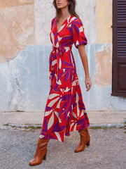 Red Geo Print Wrap-Front Midi Dress