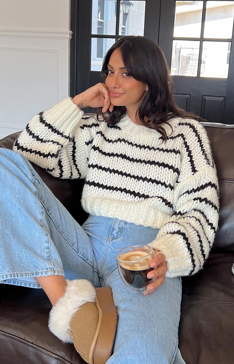 White Striped Knit Crop Sweater