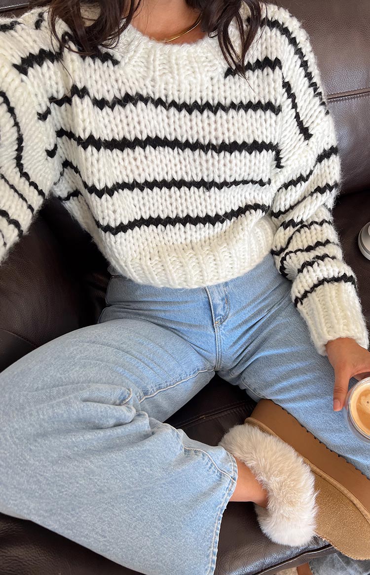 White Striped Knit Crop Sweater