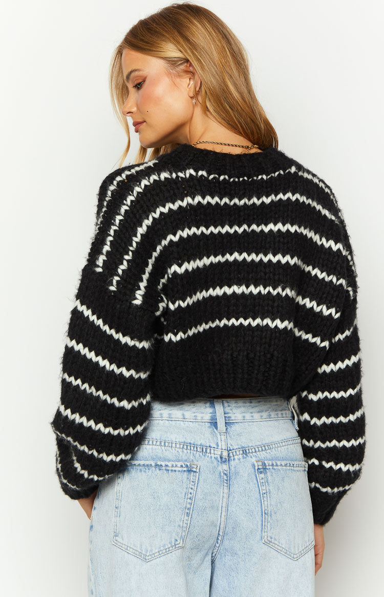 Black And White Striped Crop Sweater