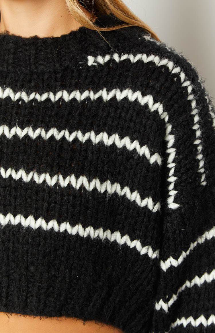 Black And White Striped Crop Sweater