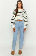 White Striped Knit Crop Sweater