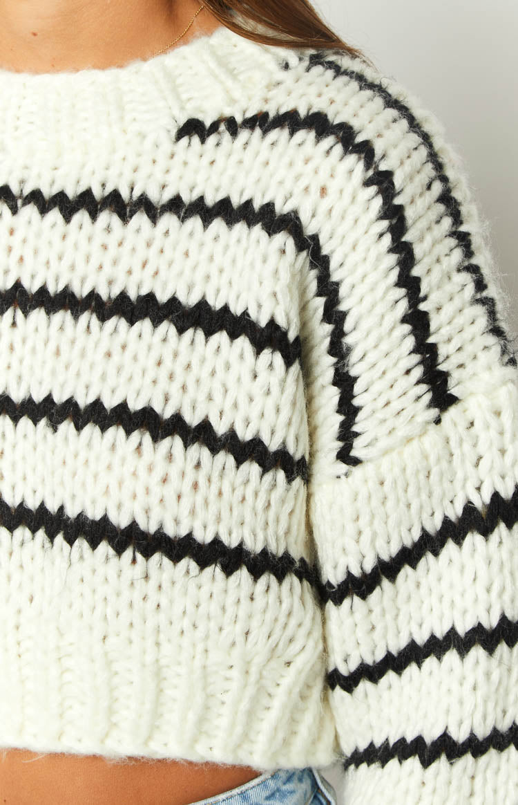White Striped Knit Crop Sweater
