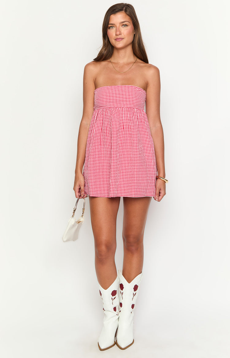 Red Gingham Strapless Mini Dress