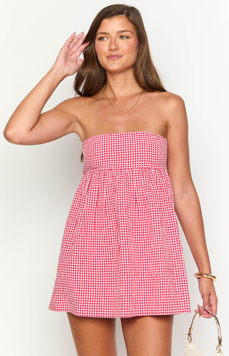 Red Gingham Strapless Mini Dress