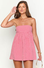 Red Gingham Strapless Mini Dress