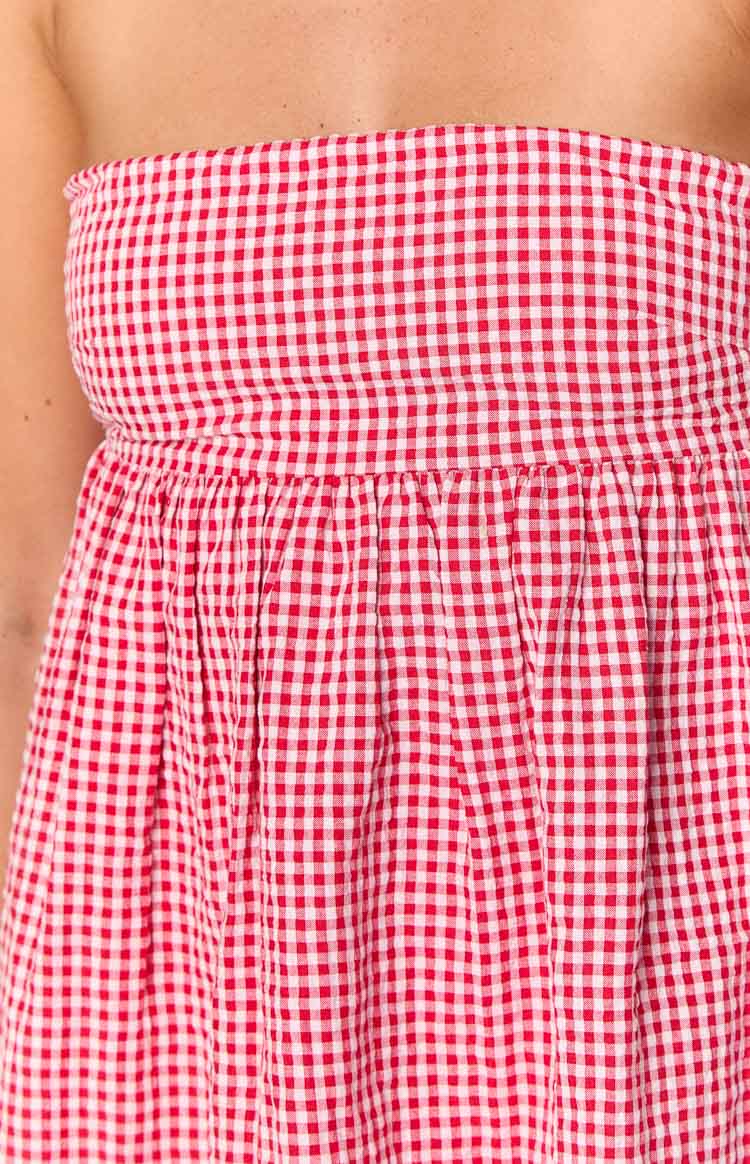 Red Gingham Strapless Mini Dress
