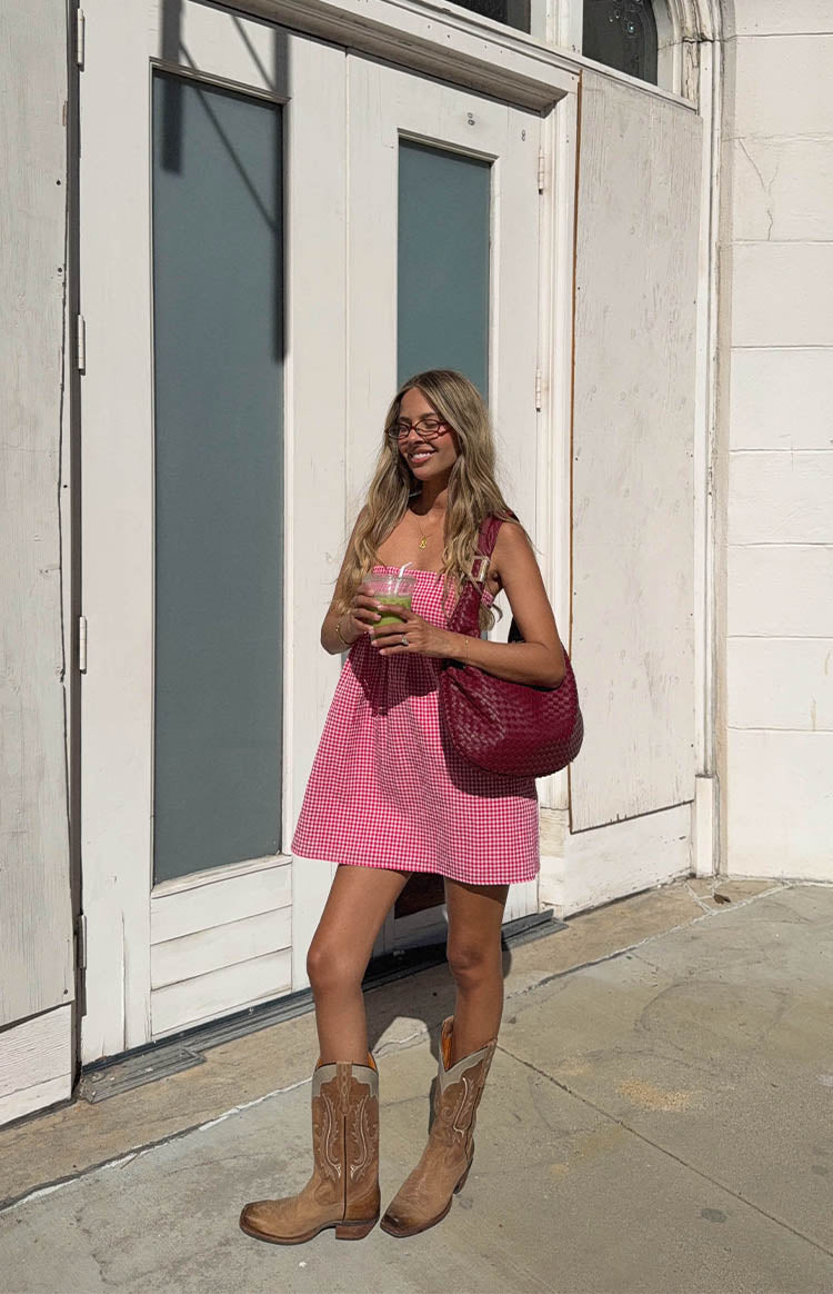 Red Gingham Strapless Mini Dress
