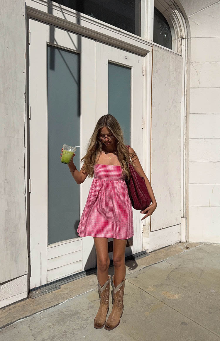 Red Gingham Strapless Mini Dress