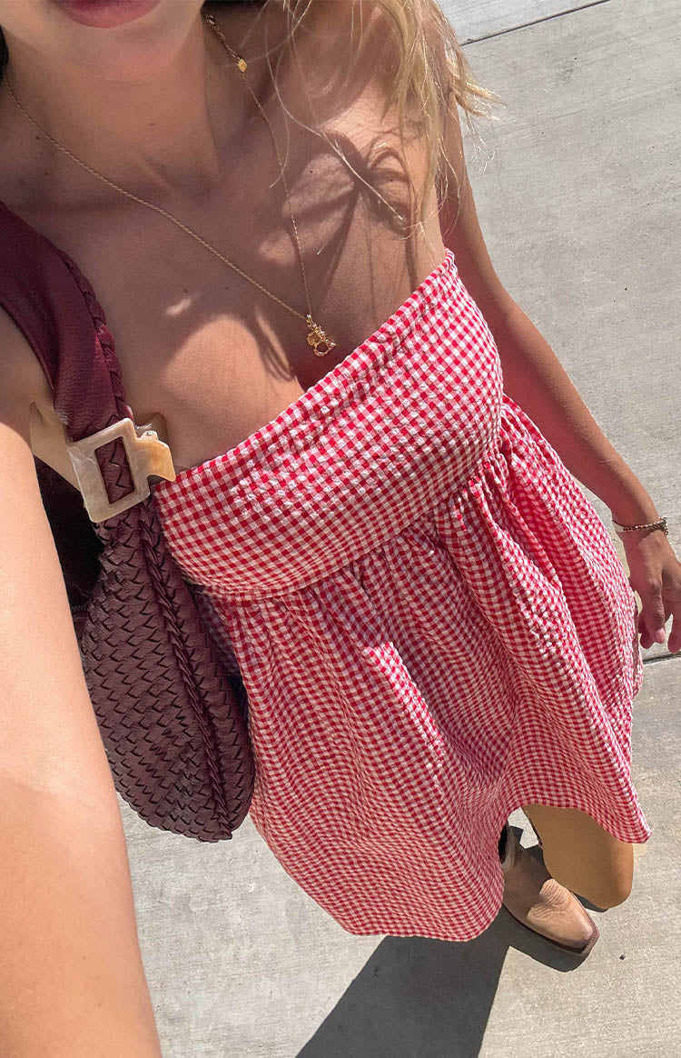 Red Gingham Strapless Mini Dress