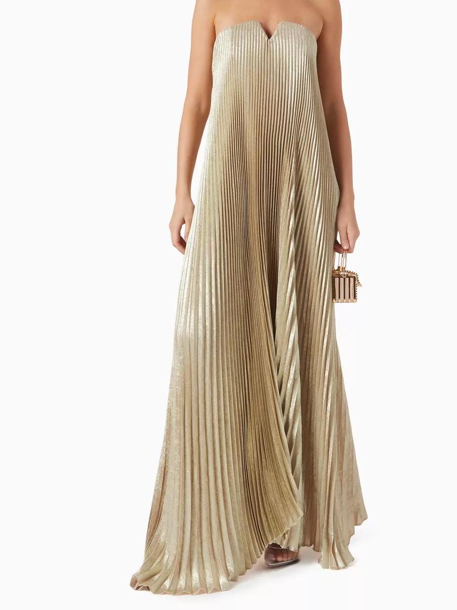 Golden Pleated Textured Strapless Gown