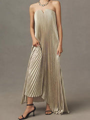 Golden Pleated Textured Strapless Gown