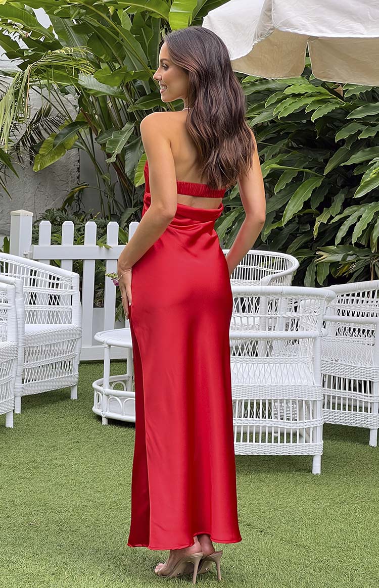 Red Strapless Satin Maxi Dress