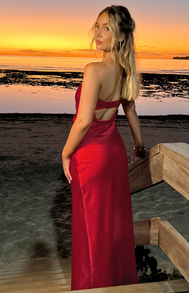 Red Strapless Satin Maxi Dress