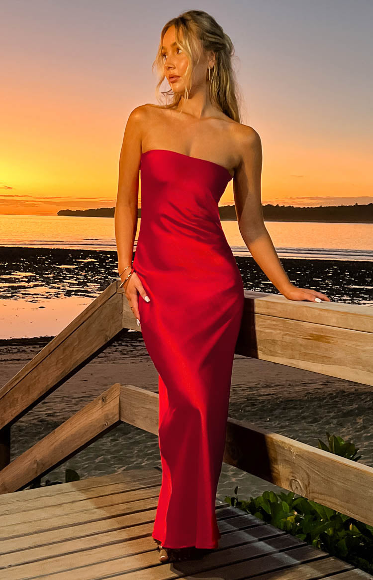 Red Strapless Satin Maxi Dress