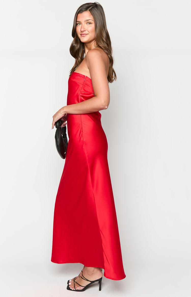 Red Strapless Satin Maxi Dress