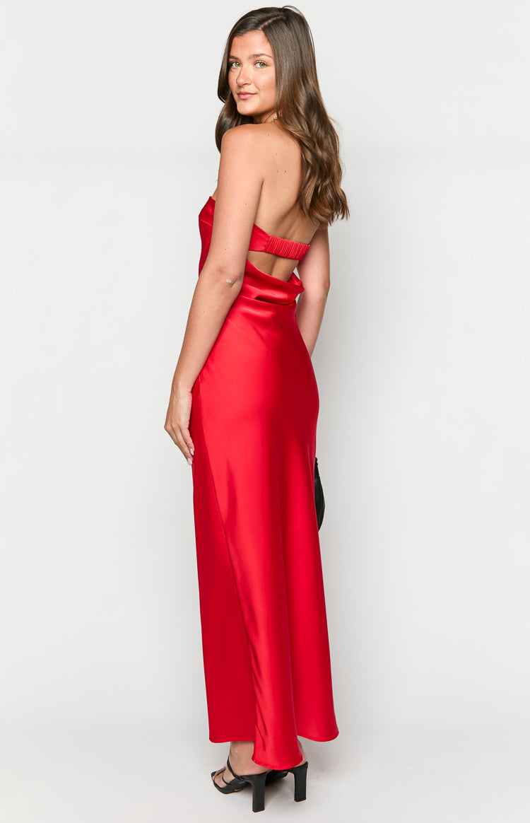 Red Strapless Satin Maxi Dress