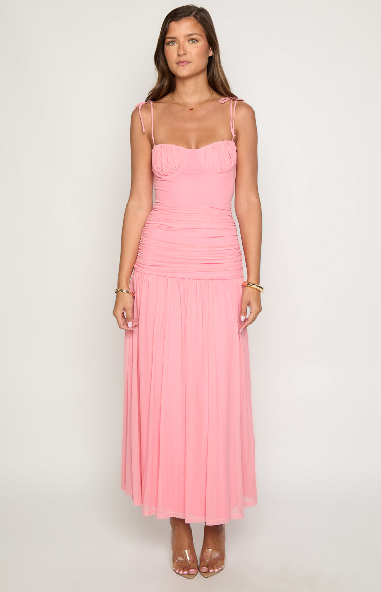 Coral Pink Ruched Slip Maxi Dress