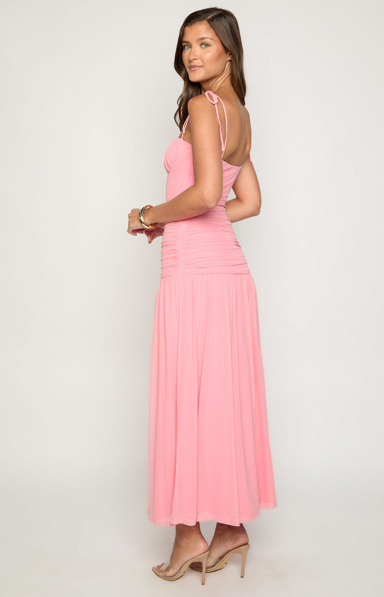 Coral Pink Ruched Slip Maxi Dress