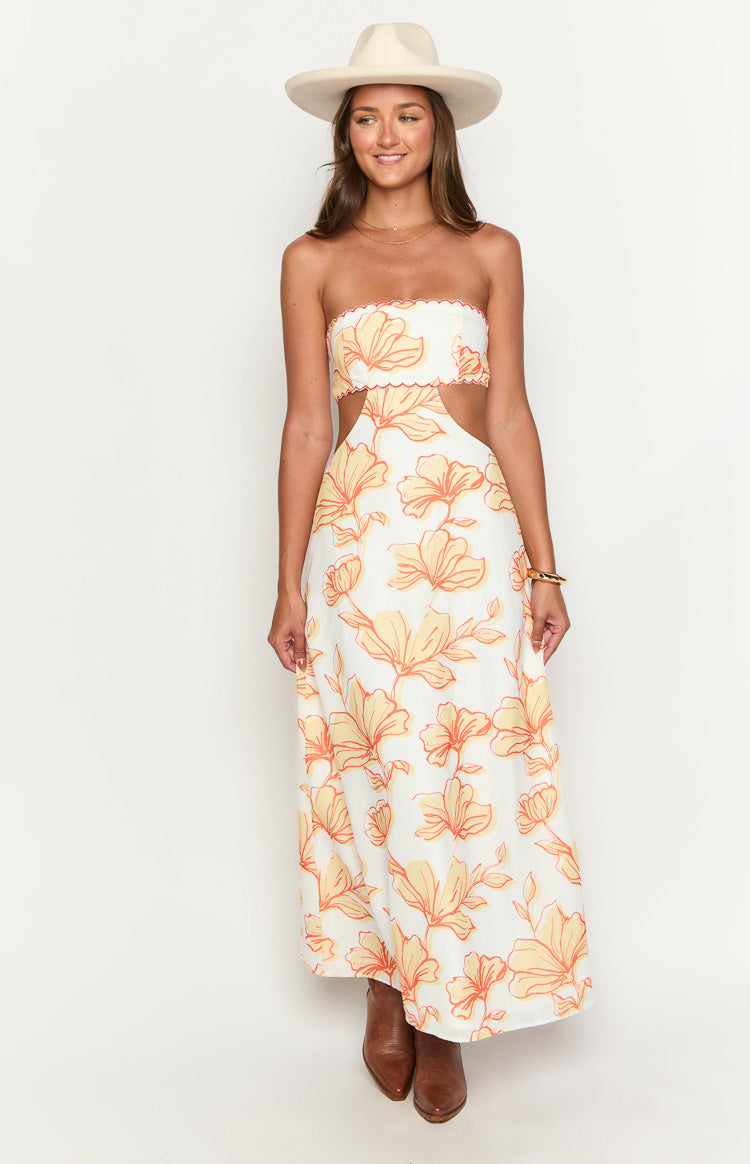 Orange Floral Bandeau Maxi Dress