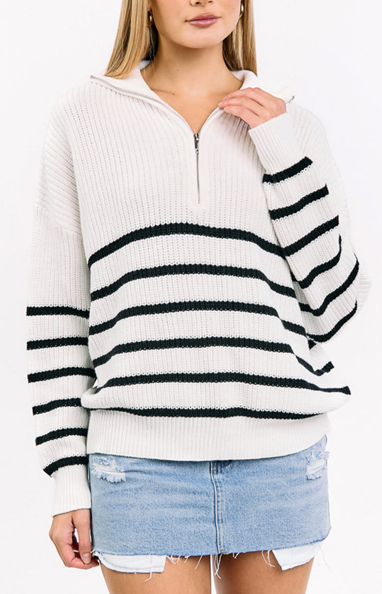 Cream Stripe Quarter Zip Knit Jumper