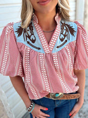 Gingham Print Puff Sleeve Blouse