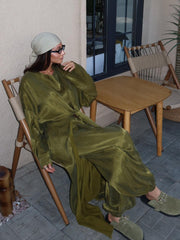Olive Green Casual Long Sleeves Three-Piece Set
