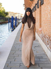 Sheer Yoke Drap Front Maxi Dress