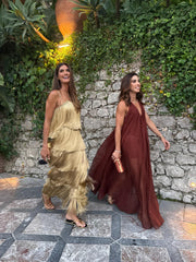 Elegant Golden Tiered Fringe Maxi Dress