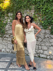 Elegant Golden Tiered Fringe Maxi Dress